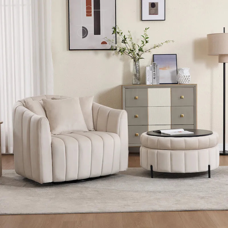 Beige / Green / Black / Navy Velvet 360° Swivel Barrel Accent Chair with Storage Ottoman for 1 Person