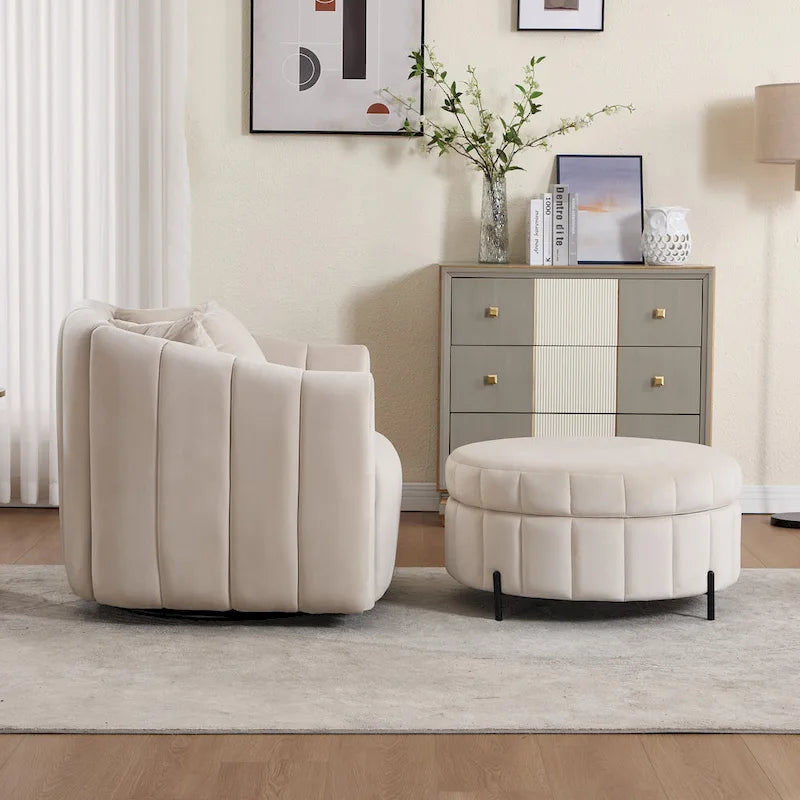 Beige / Green / Black / Navy Velvet 360° Swivel Barrel Accent Chair with Storage Ottoman for 1 Person