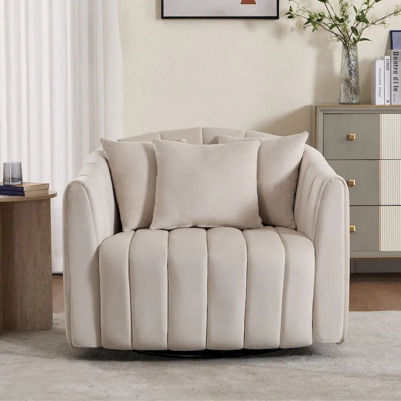 Beige / Green / Black / Navy Velvet 360° Swivel Barrel Accent Chair with Storage Ottoman for 1 Person