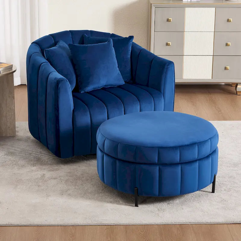 Beige / Green / Black / Navy Velvet 360° Swivel Barrel Accent Chair with Storage Ottoman for 1 Person