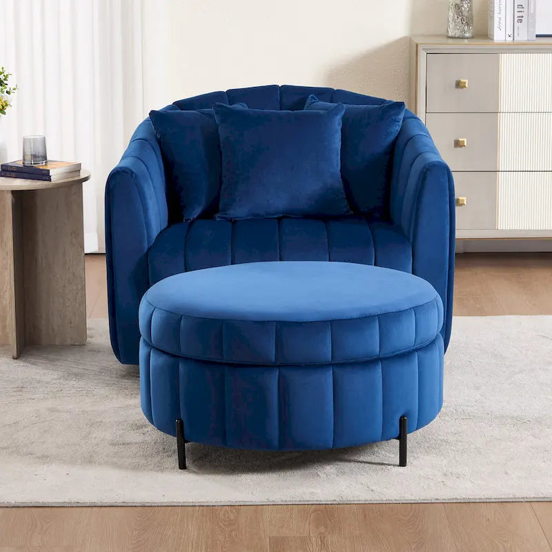Beige / Green / Black / Navy Velvet 360° Swivel Barrel Accent Chair with Storage Ottoman for 1 Person
