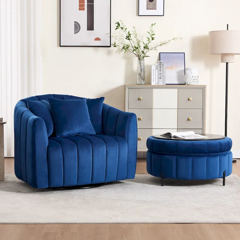 Beige / Green / Black / Navy Velvet 360° Swivel Barrel Accent Chair with Storage Ottoman for 1 Person