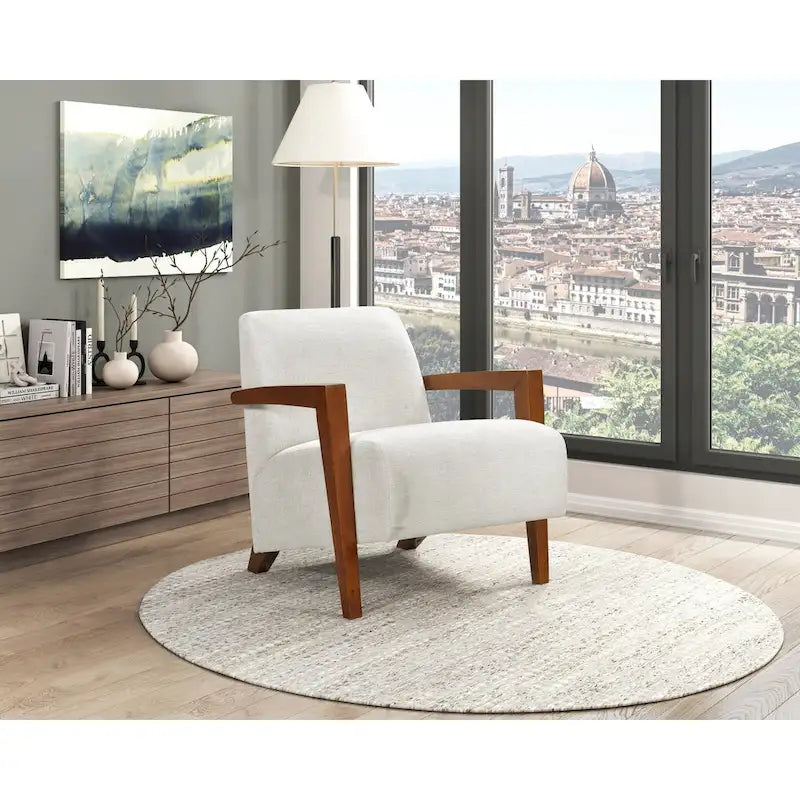 Beige Chenille Mid-Century Accent Armchair with Chestnut Wood Legs for 1 Person