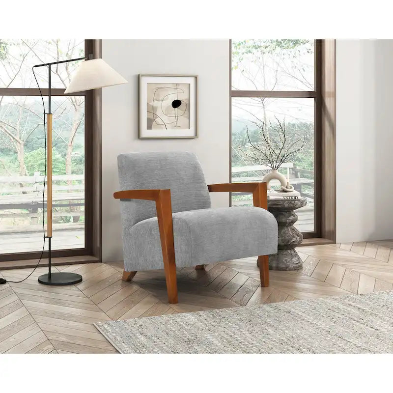 Beige Chenille Mid-Century Accent Armchair with Chestnut Wood Legs for 1 Person