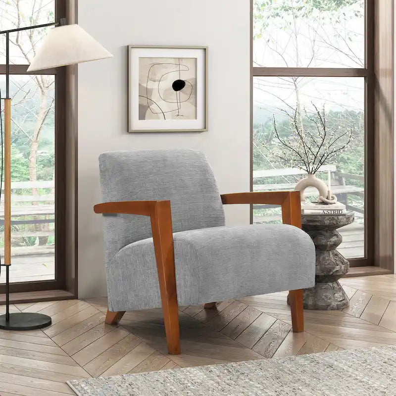 Beige Chenille Mid-Century Accent Armchair with Chestnut Wood Legs for 1 Person