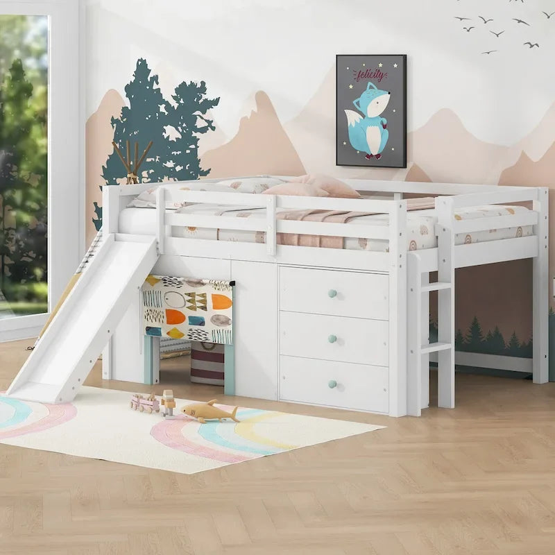 White Full Size Low Loft Bed with Slide, 3 Storage Drawers and 2 Doors for 1 Person