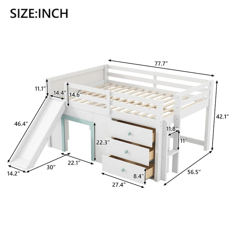 White Full Size Low Loft Bed with Slide, 3 Storage Drawers and 2 Doors for 1 Person