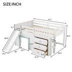 White Full Size Low Loft Bed with Slide, 3 Storage Drawers and 2 Doors for 1 Person