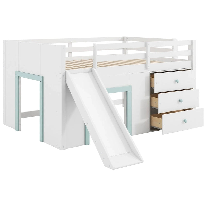 White Full Size Low Loft Bed with Slide, 3 Storage Drawers and 2 Doors for 1 Person
