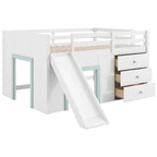 White Full Size Low Loft Bed with Slide, 3 Storage Drawers and 2 Doors for 1 Person