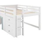 White Full Size Low Loft Bed with Slide, 3 Storage Drawers and 2 Doors for 1 Person