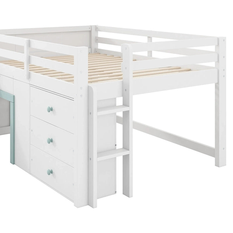 White Full Size Low Loft Bed with Slide, 3 Storage Drawers and 2 Doors for 1 Person