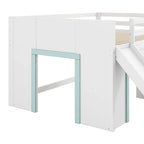 White Full Size Low Loft Bed with Slide, 3 Storage Drawers and 2 Doors for 1 Person