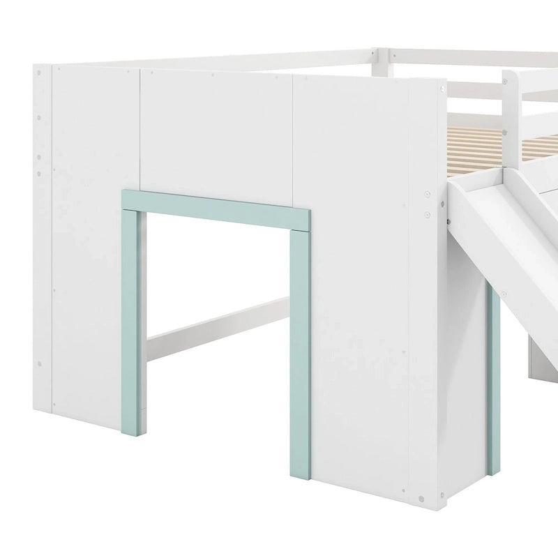 White Full Size Low Loft Bed with Slide, 3 Storage Drawers and 2 Doors for 1 Person