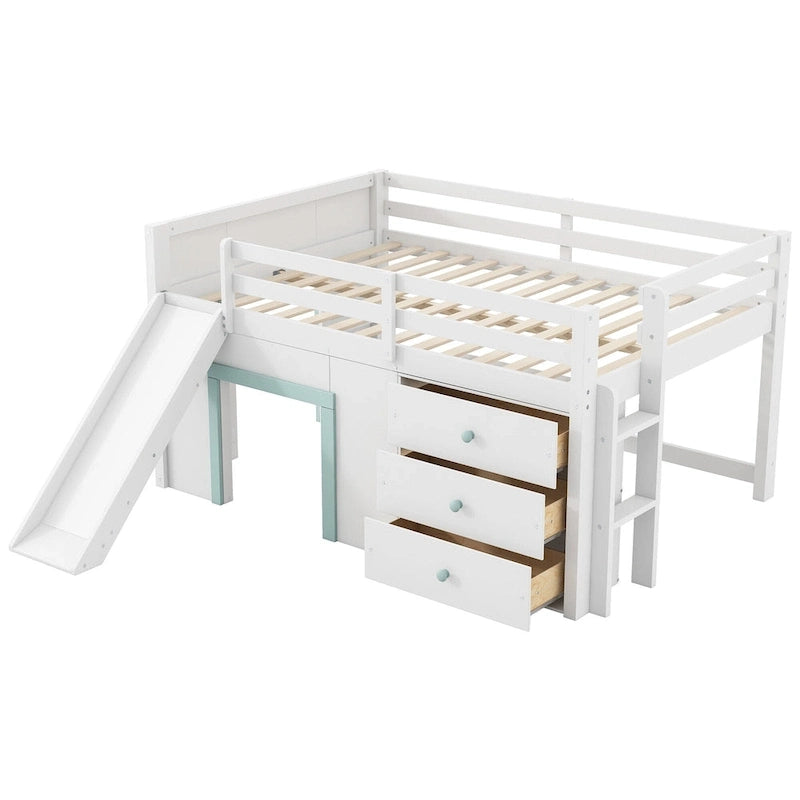 White Full Size Low Loft Bed with Slide, 3 Storage Drawers and 2 Doors for 1 Person