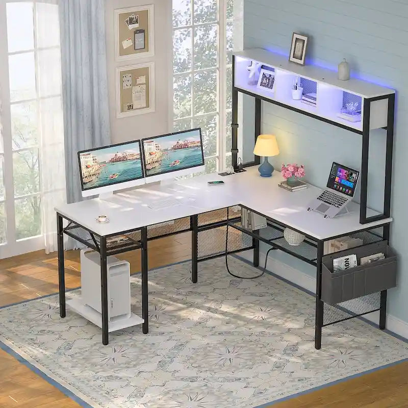 Rustic Brown / White / Pink / Black / Grey Oak L-Shaped Gaming Desk with RGB LED, Power Strip and Storage for 1 Person