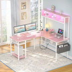 Rustic Brown / White / Pink / Black / Grey Oak L-Shaped Gaming Desk with RGB LED, Power Strip and Storage for 1 Person