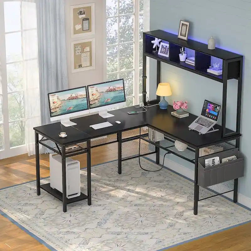 Rustic Brown / White / Pink / Black / Grey Oak L-Shaped Gaming Desk with RGB LED, Power Strip and Storage for 1 Person