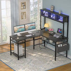 Rustic Brown / White / Pink / Black / Grey Oak L-Shaped Gaming Desk with RGB LED, Power Strip and Storage for 1 Person