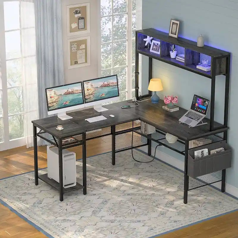 Rustic Brown / White / Pink / Black / Grey Oak L-Shaped Gaming Desk with RGB LED, Power Strip and Storage for 1 Person