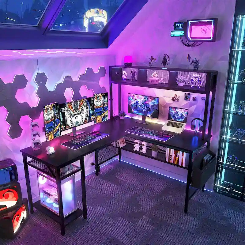 Rustic Brown / White / Pink / Black / Grey Oak L-Shaped Gaming Desk with RGB LED, Power Strip and Storage for 1 Person
