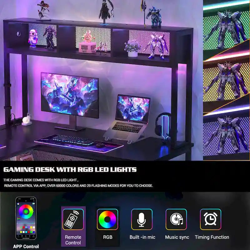 Rustic Brown / White / Pink / Black / Grey Oak L-Shaped Gaming Desk with RGB LED, Power Strip and Storage for 1 Person