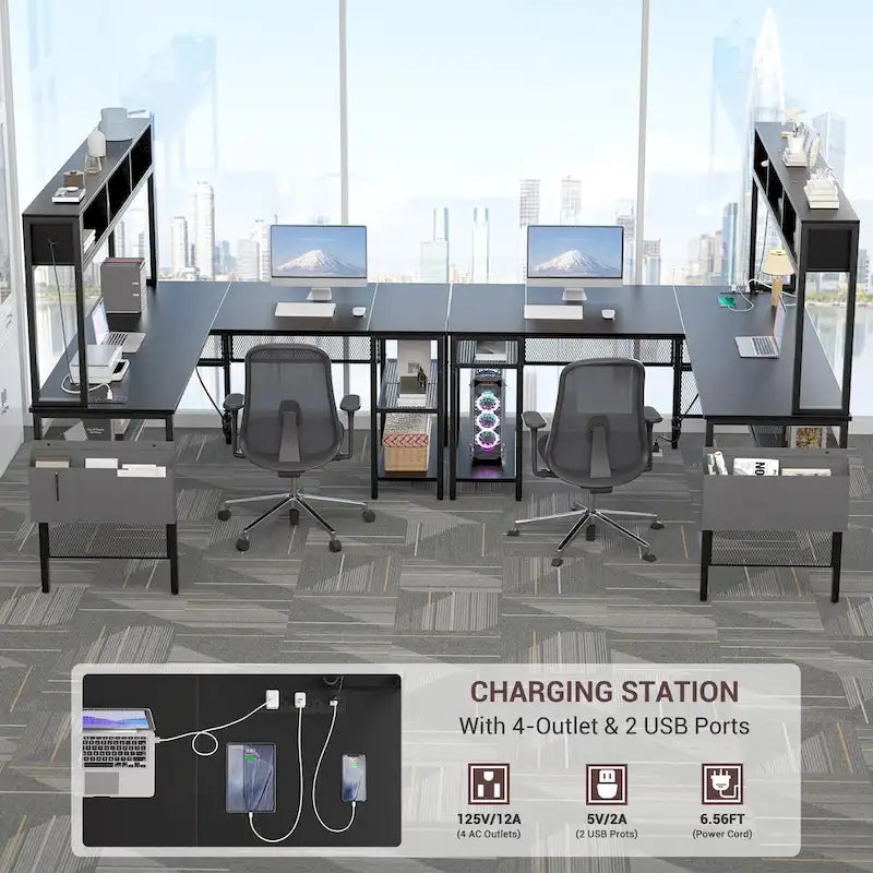 Rustic Brown / White / Pink / Black / Grey Oak L-Shaped Gaming Desk with RGB LED, Power Strip and Storage for 1 Person
