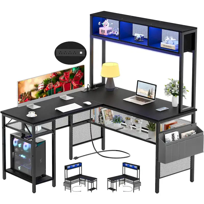 Rustic Brown / White / Pink / Black / Grey Oak L-Shaped Gaming Desk with RGB LED, Power Strip and Storage for 1 Person