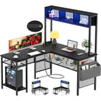 Rustic Brown / White / Pink / Black / Grey Oak L-Shaped Gaming Desk with RGB LED, Power Strip and Storage for 1 Person