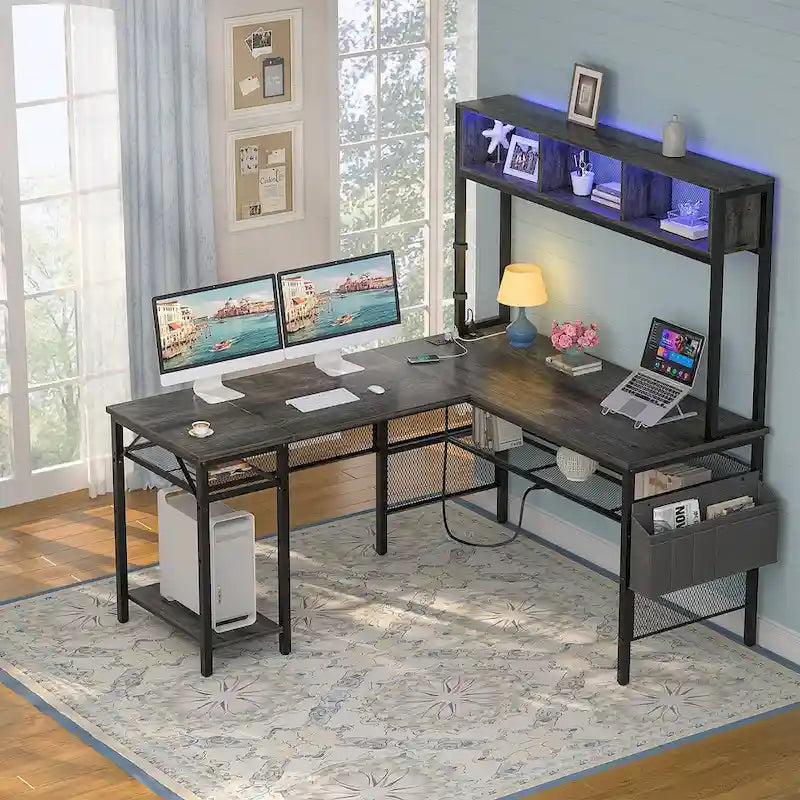 Rustic Brown / White / Pink / Black / Grey Oak L-Shaped Gaming Desk with RGB LED, Power Strip and Storage for 1 Person