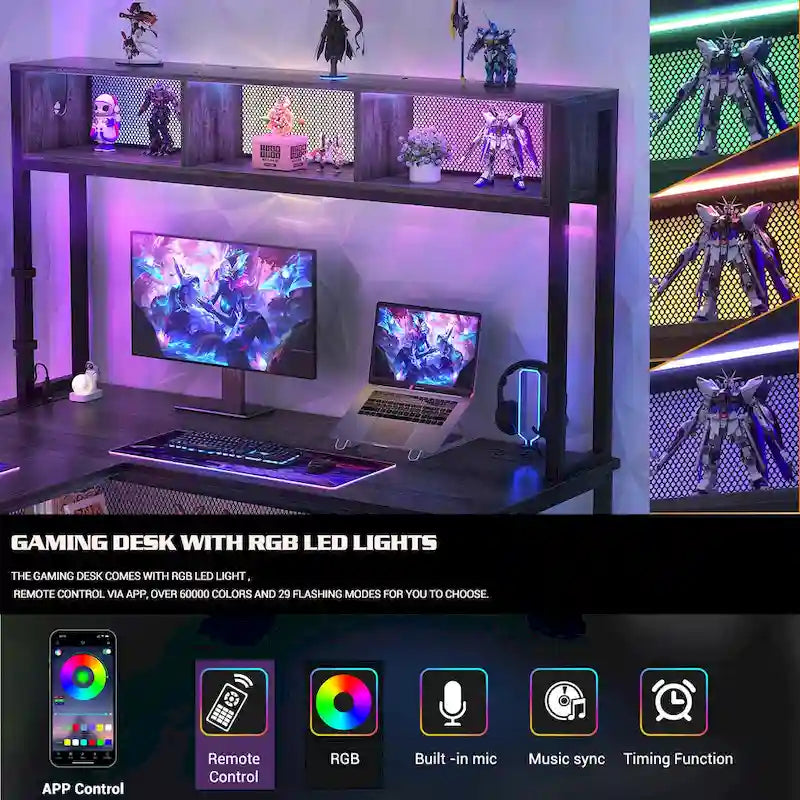 Rustic Brown / White / Pink / Black / Grey Oak L-Shaped Gaming Desk with RGB LED, Power Strip and Storage for 1 Person