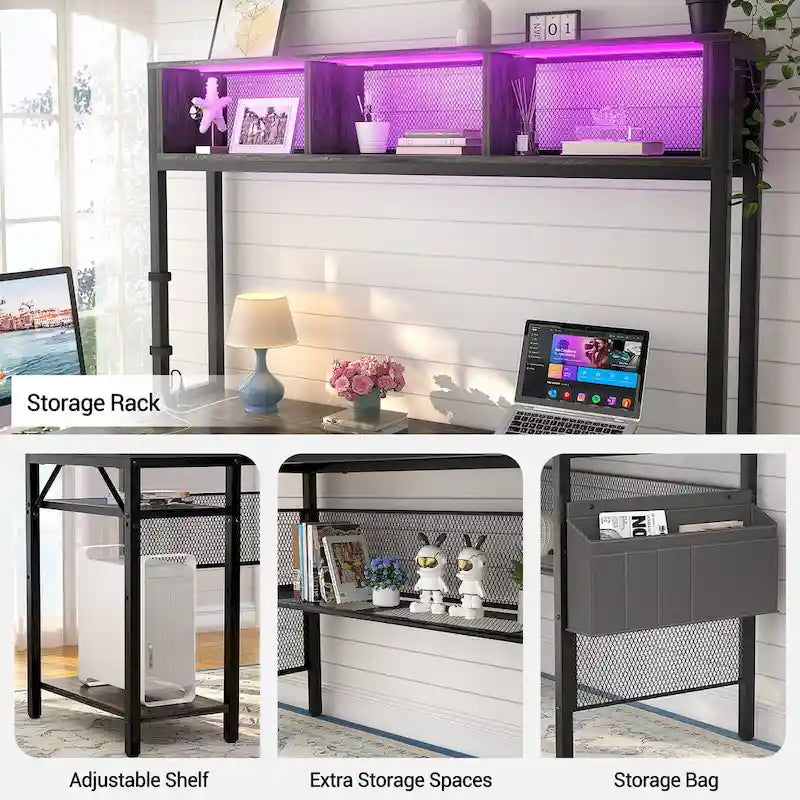Rustic Brown / White / Pink / Black / Grey Oak L-Shaped Gaming Desk with RGB LED, Power Strip and Storage for 1 Person