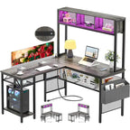 Rustic Brown / White / Pink / Black / Grey Oak L-Shaped Gaming Desk with RGB LED, Power Strip and Storage for 1 Person