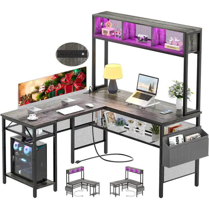 Rustic Brown / White / Pink / Black / Grey Oak L-Shaped Gaming Desk with RGB LED, Power Strip and Storage for 1 Person