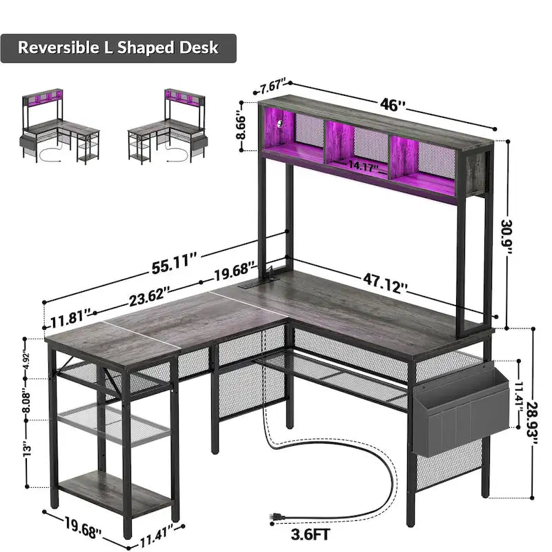 Rustic Brown / White / Pink / Black / Grey Oak L-Shaped Gaming Desk with RGB LED, Power Strip and Storage for 1 Person