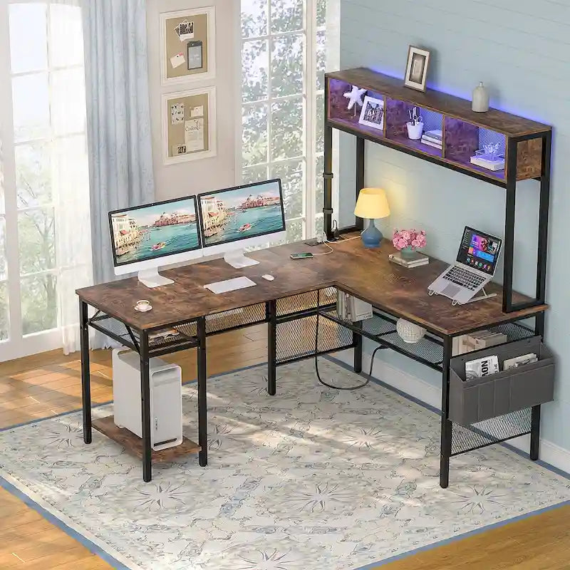 Rustic Brown / White / Pink / Black / Grey Oak L-Shaped Gaming Desk with RGB LED, Power Strip and Storage for 1 Person