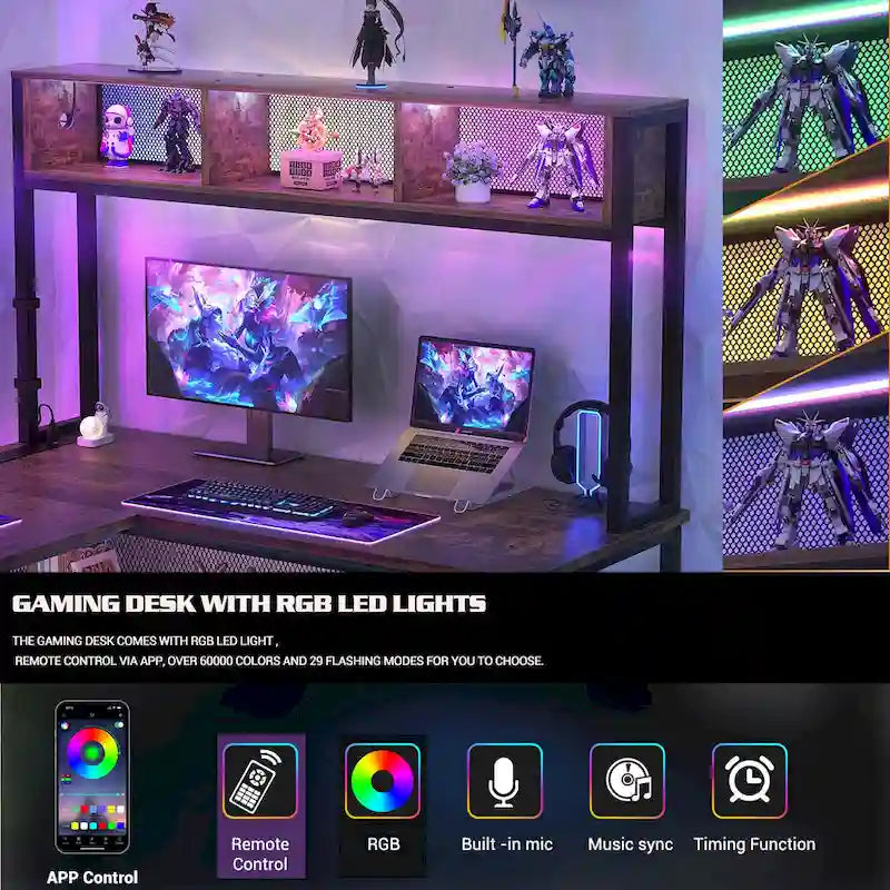 Rustic Brown / White / Pink / Black / Grey Oak L-Shaped Gaming Desk with RGB LED, Power Strip and Storage for 1 Person