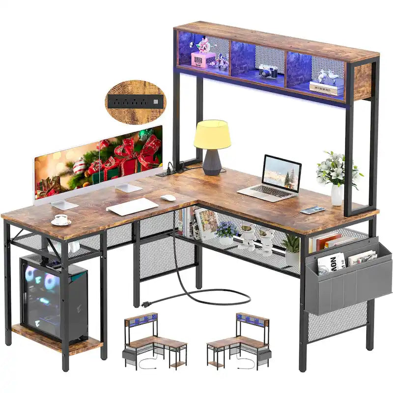 Rustic Brown / White / Pink / Black / Grey Oak L-Shaped Gaming Desk with RGB LED, Power Strip and Storage for 1 Person