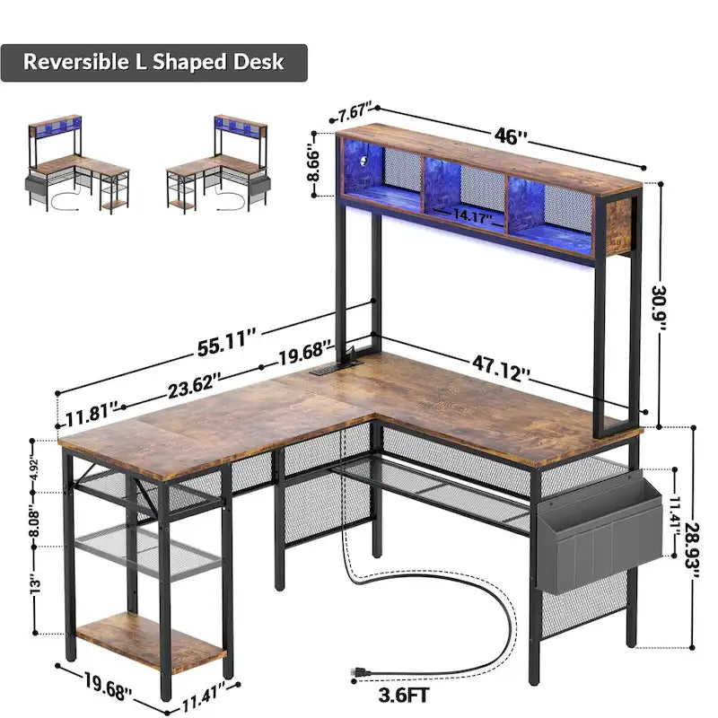 Rustic Brown / White / Pink / Black / Grey Oak L-Shaped Gaming Desk with RGB LED, Power Strip and Storage for 1 Person