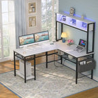 Rustic Brown / White / Pink / Black / Grey Oak L-Shaped Gaming Desk with RGB LED, Power Strip and Storage for 1 Person