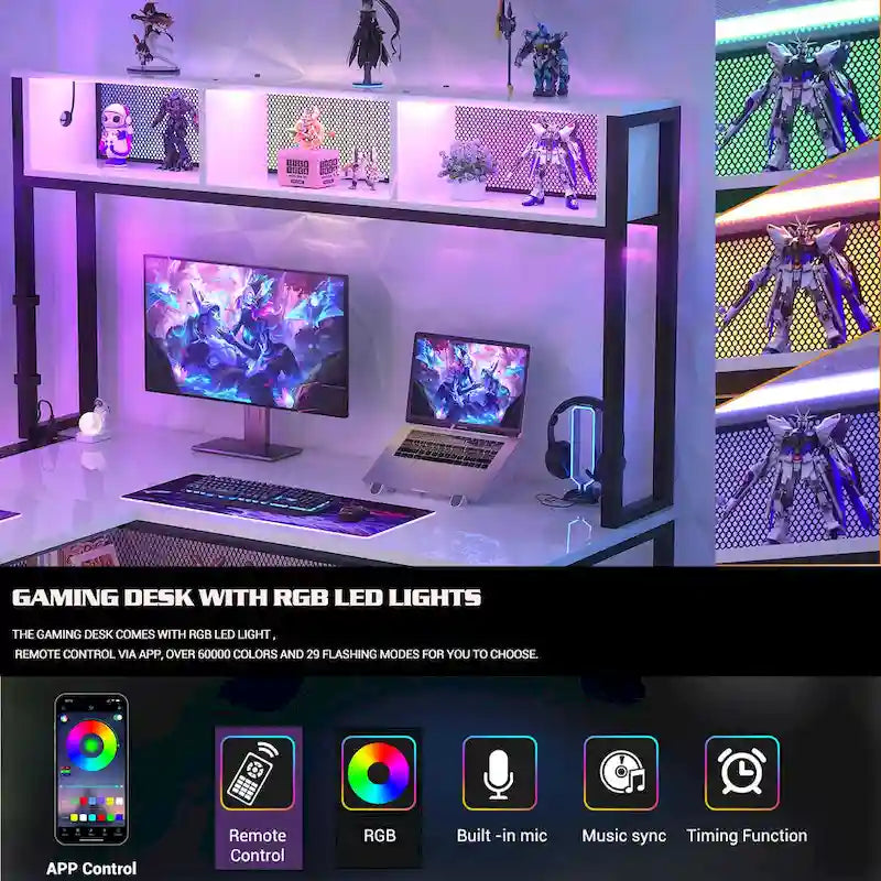 Rustic Brown / White / Pink / Black / Grey Oak L-Shaped Gaming Desk with RGB LED, Power Strip and Storage for 1 Person
