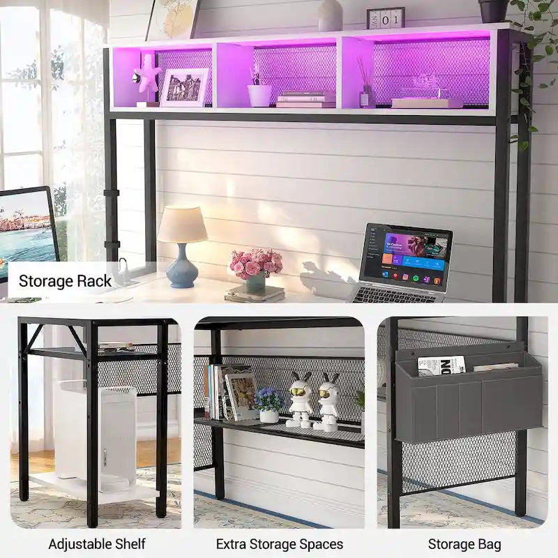 Rustic Brown / White / Pink / Black / Grey Oak L-Shaped Gaming Desk with RGB LED, Power Strip and Storage for 1 Person