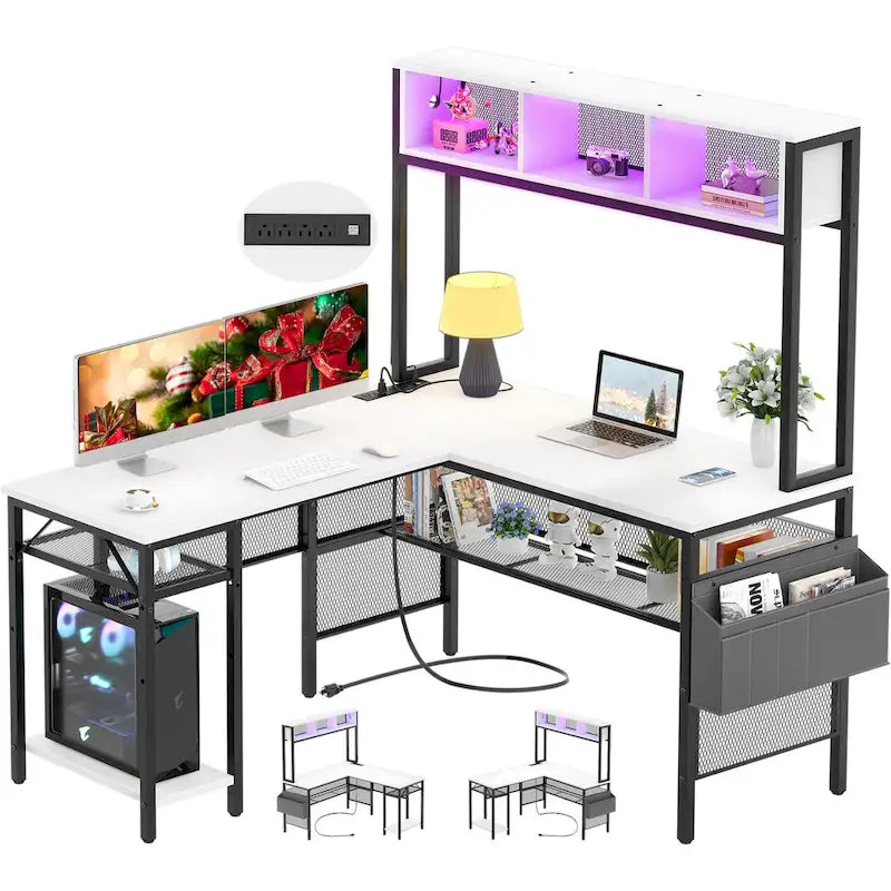 Rustic Brown / White / Pink / Black / Grey Oak L-Shaped Gaming Desk with RGB LED, Power Strip and Storage for 1 Person