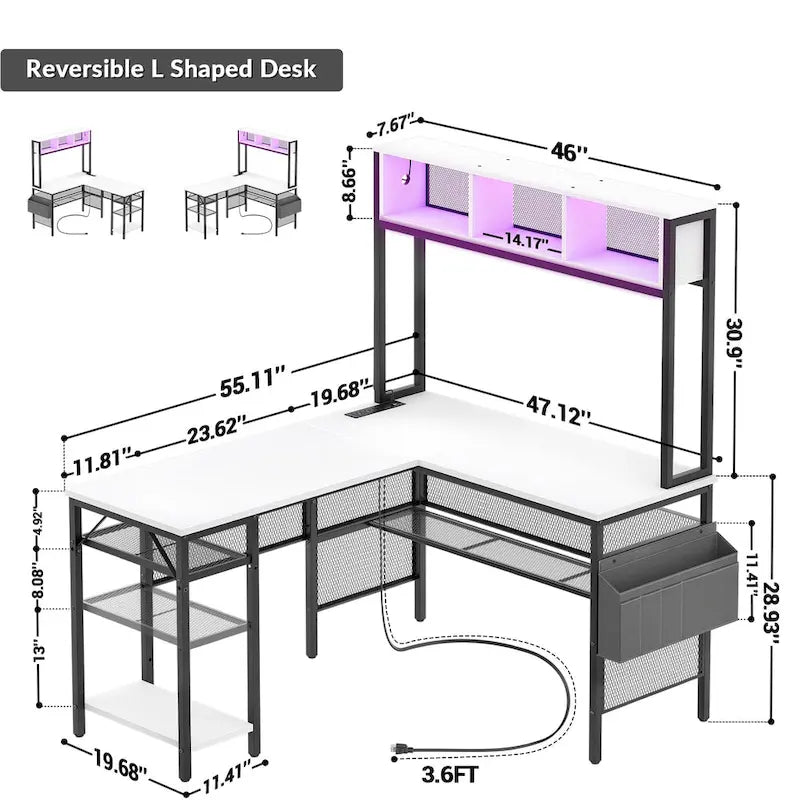 Rustic Brown / White / Pink / Black / Grey Oak L-Shaped Gaming Desk with RGB LED, Power Strip and Storage for 1 Person