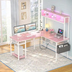 Rustic Brown / White / Pink / Black / Grey Oak L-Shaped Gaming Desk with RGB LED, Power Strip and Storage for 1 Person