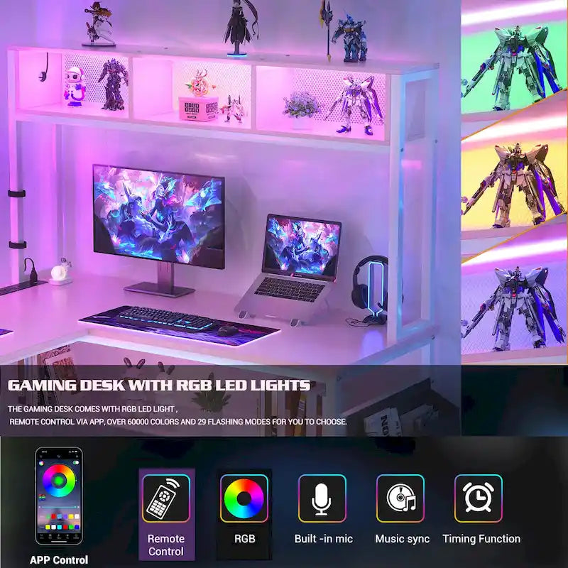 Rustic Brown / White / Pink / Black / Grey Oak L-Shaped Gaming Desk with RGB LED, Power Strip and Storage for 1 Person