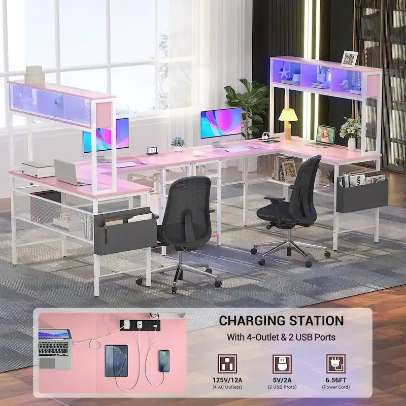 Rustic Brown / White / Pink / Black / Grey Oak L-Shaped Gaming Desk with RGB LED, Power Strip and Storage for 1 Person