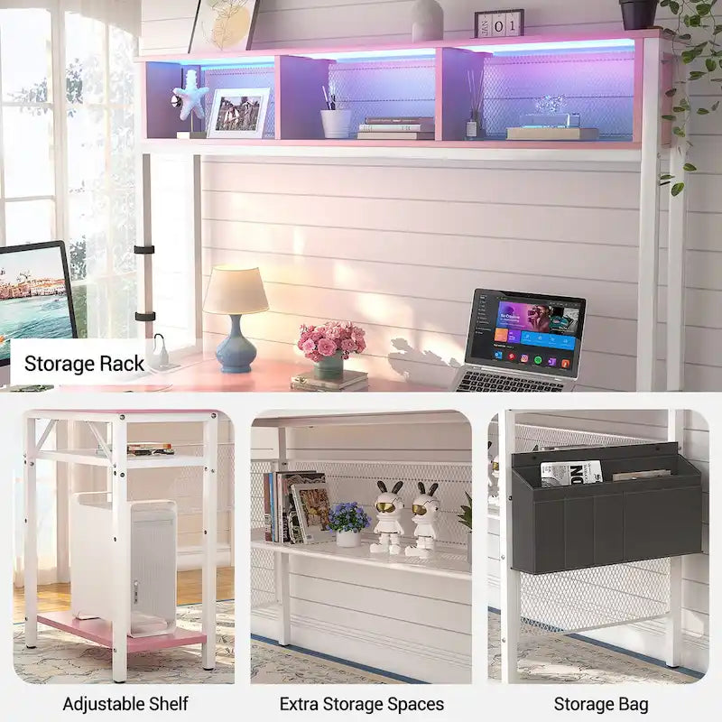 Rustic Brown / White / Pink / Black / Grey Oak L-Shaped Gaming Desk with RGB LED, Power Strip and Storage for 1 Person