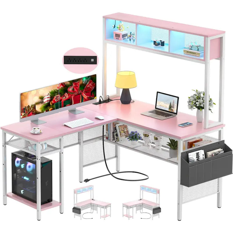 Rustic Brown / White / Pink / Black / Grey Oak L-Shaped Gaming Desk with RGB LED, Power Strip and Storage for 1 Person