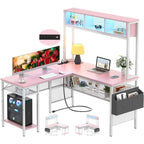 Rustic Brown / White / Pink / Black / Grey Oak L-Shaped Gaming Desk with RGB LED, Power Strip and Storage for 1 Person